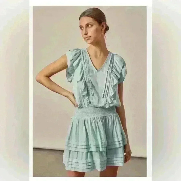 Mustard Seed Mini Dress Size M Pleated Detail Mint Green Woven Casual Boho Silky - Picture 5 of 13